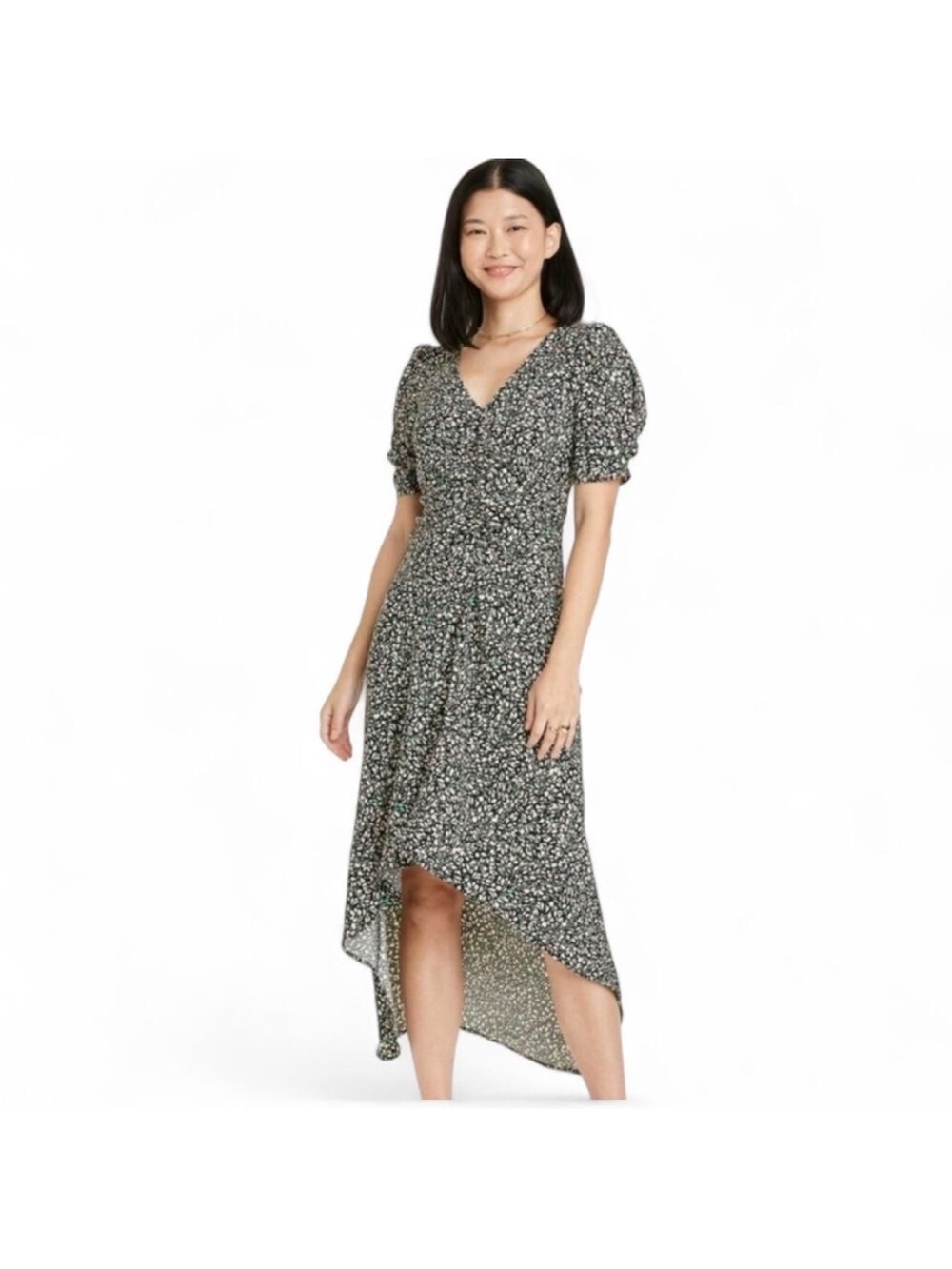 a new day Black and White with green Floral High-Low Maxi Dress